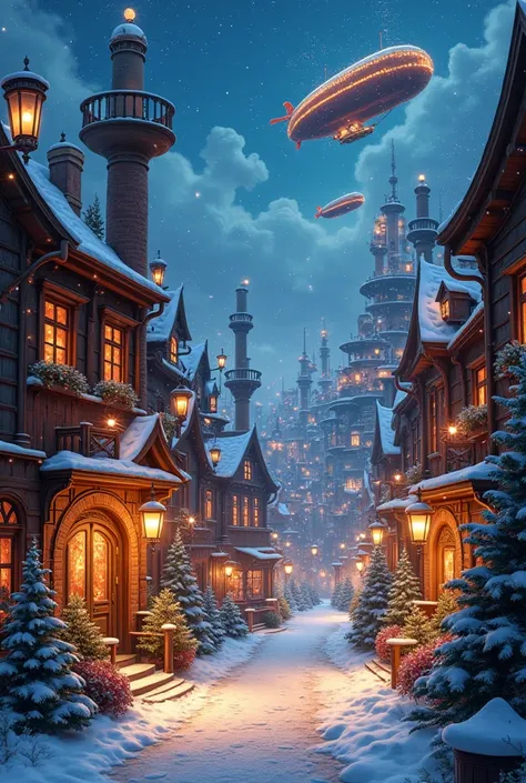 A vibrant Steampunk world illuminated for Christmas, featuring glowing LED lights and intricate steam-powered machinery. The sce...