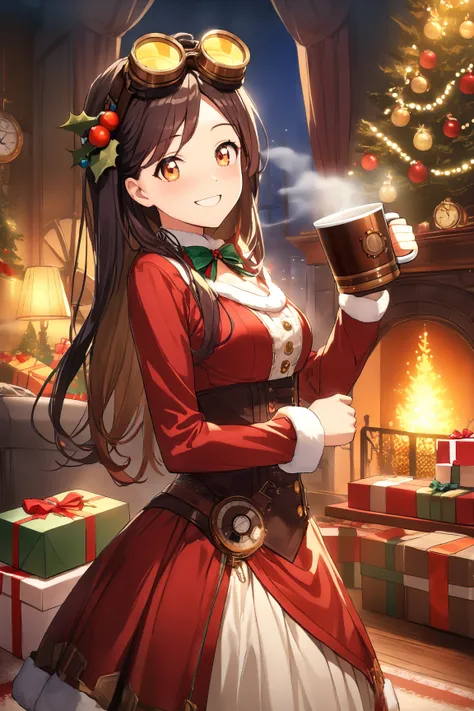 1 girl, (cheerful face), 21 years old, (bright smile), medium breasts, slim, (wearing festive steampunk Christmas outfit:1.4), k...