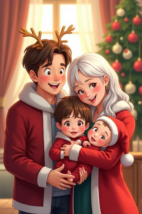  Family cartoon with Christmas costumes made up of 4 people, 28 year old male father of light brown tea ,  mother woman of 30 ye...