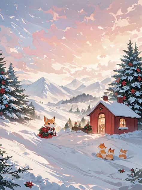  christmas illustration，cute, Baby kitsune， the little character 、 Christmas Winter Scenery ，Christmas food ，When it snows , A r...