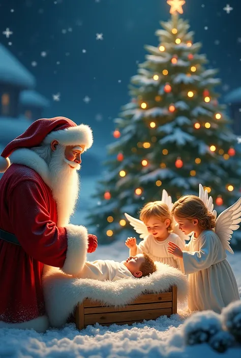 Its Christmas eve, night in snow with cute Santa Claus and cute little angels and baby jesus, Christmas tree, stars and bells, a...