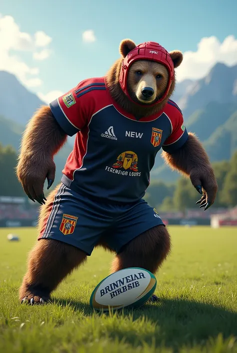 Pyrenean bear 
rugby with helmet and rugby jersey