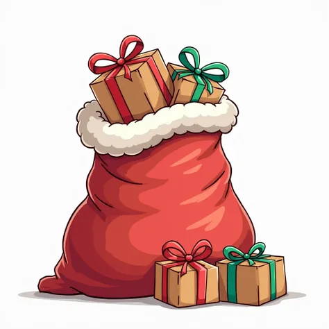 Santas bag with gifts. The sack is open, showing gifts wrapped in packaging and toys. Next to the sack are 3 wrapped gifts. Draw...