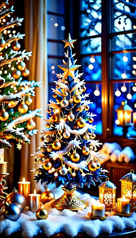 Fantasy style,Dynamic Lighting,Glow Effect,best quality,intricate details,illuminated Christmas tree,ornate decorations,golden a...