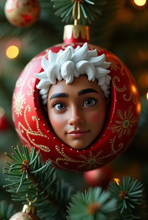red Christmas sphere,  to decorate Christmas tree , with a teenage man , with brown skin,  gray eyes and white hair, relaxed 