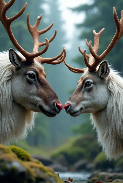 Hyperreal 、photograph、 old reindeer with white beard、Female old reindeer 、 facing each other 、Male reindeers nose is red