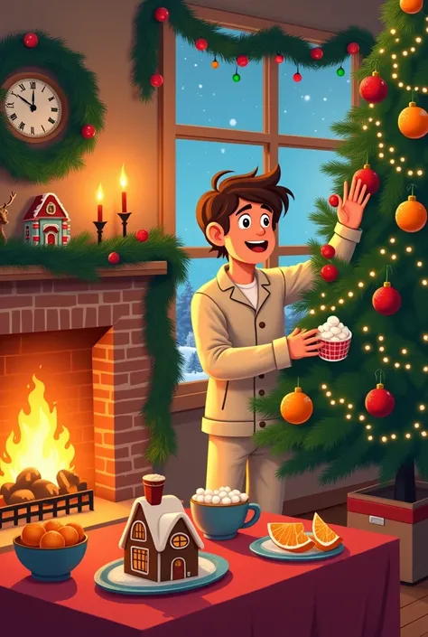 Create a warm and inviting cartoon-style illustration of a cozy Christmas scene. The setting is a charming living room filled wi...