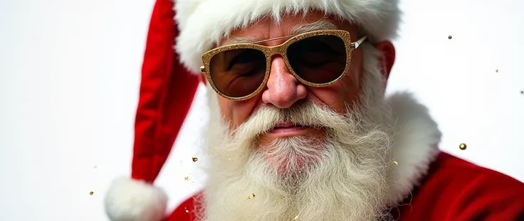 Close-up portrait of Santa Claus, mature, with a thick, white, slightly textured beard, adorned with gold glitter.  He wears lar...