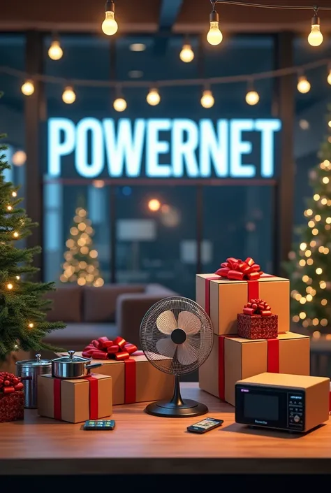 A table with gifts, a plasma TV, a fan, a set of pots, a cell phone, a microwave, each appliance in its box and a sign that says...