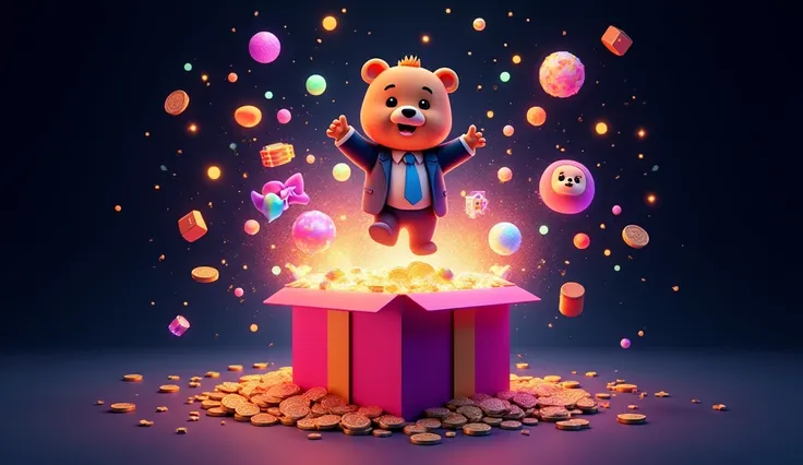 一个打开盖子of流体玻璃of色彩缤纷of礼物盒爆炸出不同of宝石和Purpleof硬币，一只穿着西装of卡通商人熊和一只穿着粉色西装of粉色皮肤of商人熊被炸飞起来，Top view,  pure black background ，鮮豔of霓虹粉紅色照亮...