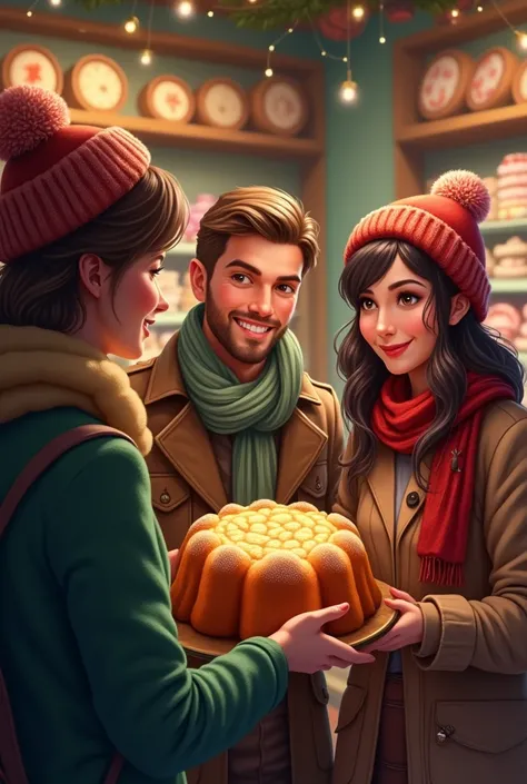 In the corner of the candy there are three customers, a man and two women, who offer panettone for Christmas 