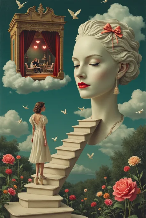 surrealism artwork, A woman in dress walking upstairs in the floating Victorian staircase with flower, a victorian theatre stage...