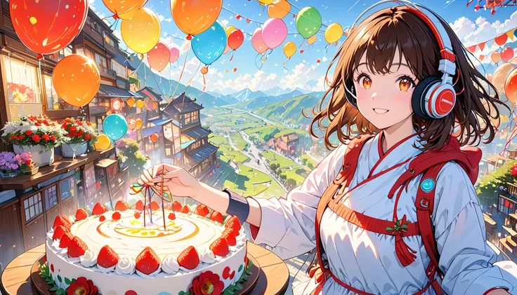 Festive Atmosphere, cake,Colorful balloons, bright 部屋, Smiling and happy ,( Brown-haired Girl with Headphones ), (glowing:1.4),...