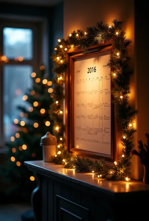flip wall calendar format A3 on wall in a dark room, a perspective, a garland and a soft glow, a Christmas tree on the backgroun...