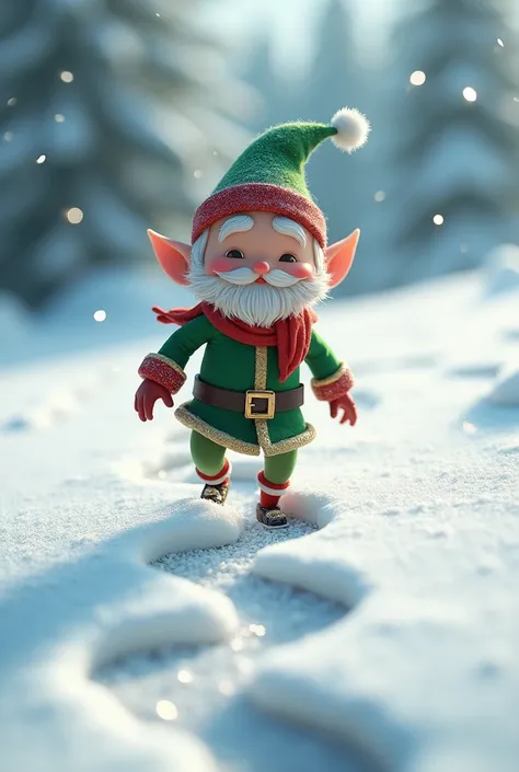  Christmas Elf walking on Santas footprints in the snow (He must be behind Santa Claus )