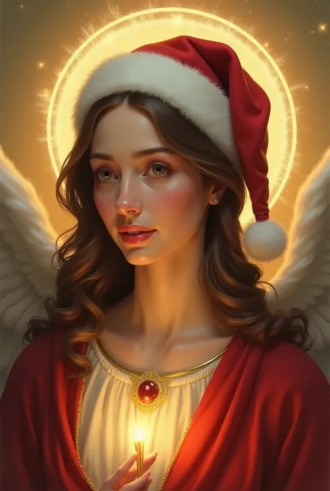 Christmas icon woman Jesus, Santa Claus hat on her head  
