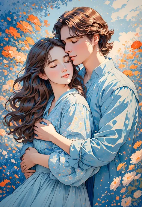 The image portrays what appears to be an artistic illustration of two individuals embracing. One person has long, wavy brown hai...