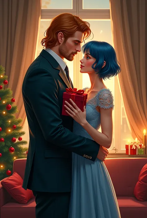festive atmosphere, New Year, Christmas, cozy apartment, tall handsome, stately, courageous, mature man with beautiful long curl...