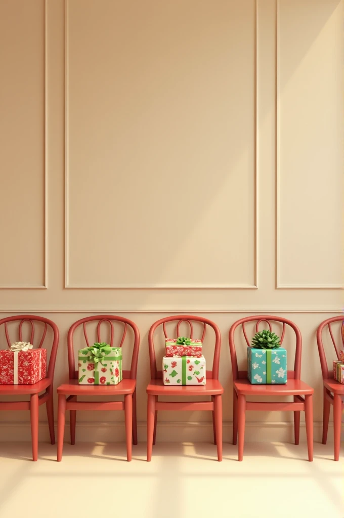 a line of chairs front view with a christmas gifts each chair