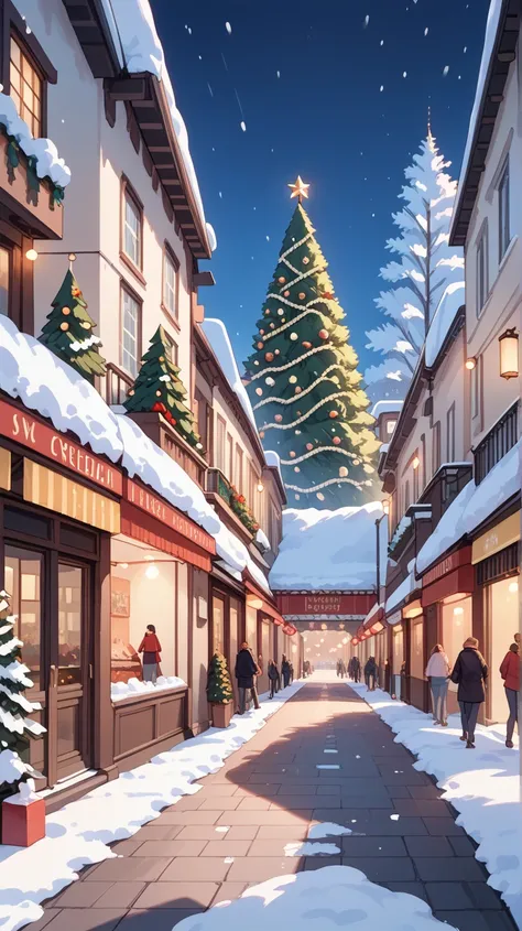 Beautiful architecture, street scene, snow, warm yellow lights, a Christmas tree and some pedestrians