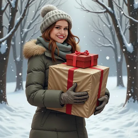 She carries gifts and wears winter clothes and has her hair covered