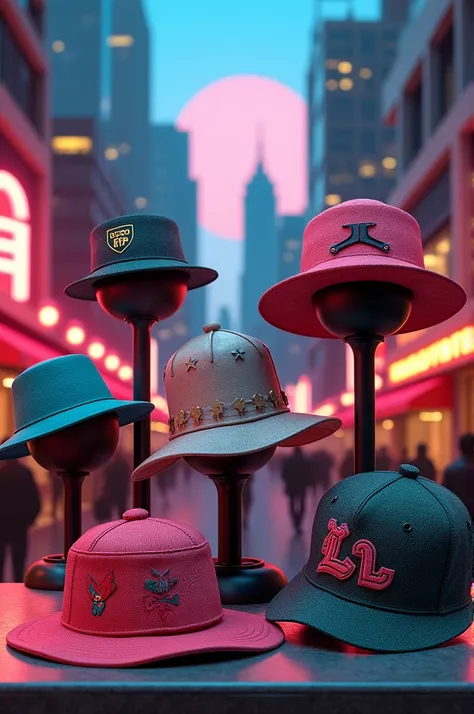 Make me an image of New hats from Los Angeles era with a background of a city 