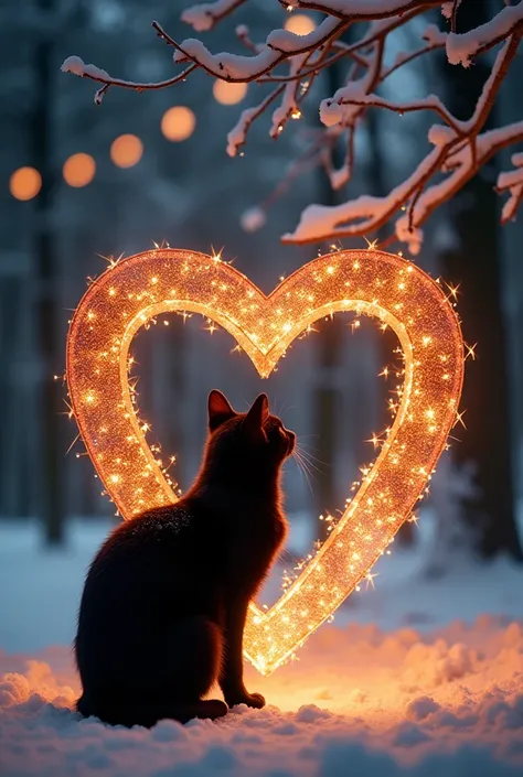 A chrismas tree decorated  in the shape of the sparkling glittery heart, bright and filled with magic, an extremely cute black c...
