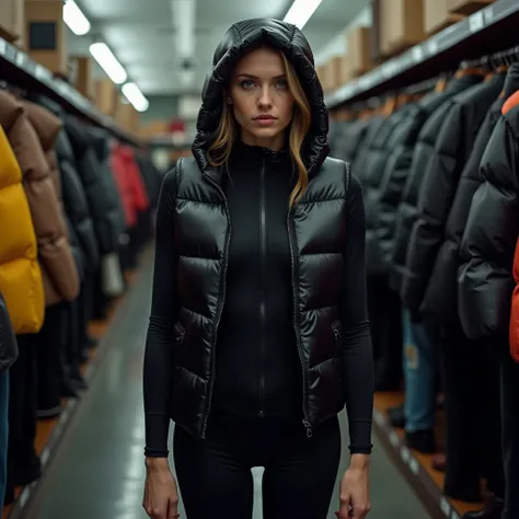 A highly detailed, realist photography of a very  glossy black tightfitting narrow padded puffer vest, tightly conforming to the...