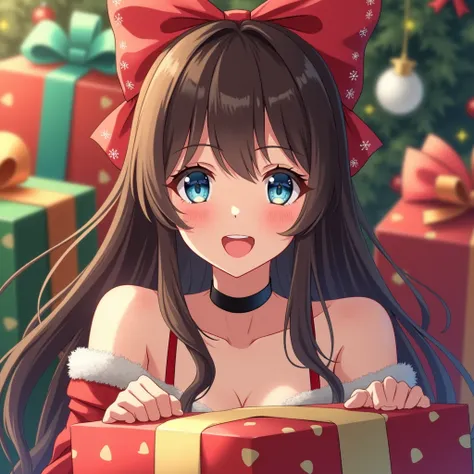  top quality, masterpiece, photograph:2, live-action,  christmas cards ,  presents are for me :2, girl wearing a big red bow,  J...