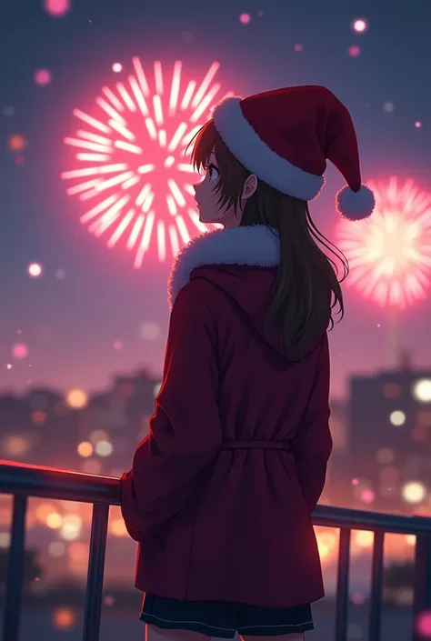  woman wearing Santa hat watches fireworks,  anime style 4 k, 8 k artgerm bokeh, deviantart artstation cgscosiety,  guweiz artwo...
