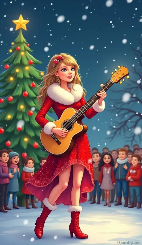"Draw Taylor Swift in a Christmas cartoon style, dressed in a sparkling red dress with a fluffy white scarf. She is holding a gu...