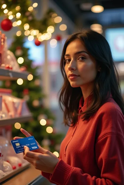 A real mixed-race woman with brown skin, wearing casual clothes, paying with her credit card in a store decorated for Christmas....