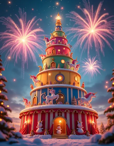  A giant Christmas cake like a circus tent 、 Unicorns and colorful snowmen dancing on top。 The background is fireworks spreading...