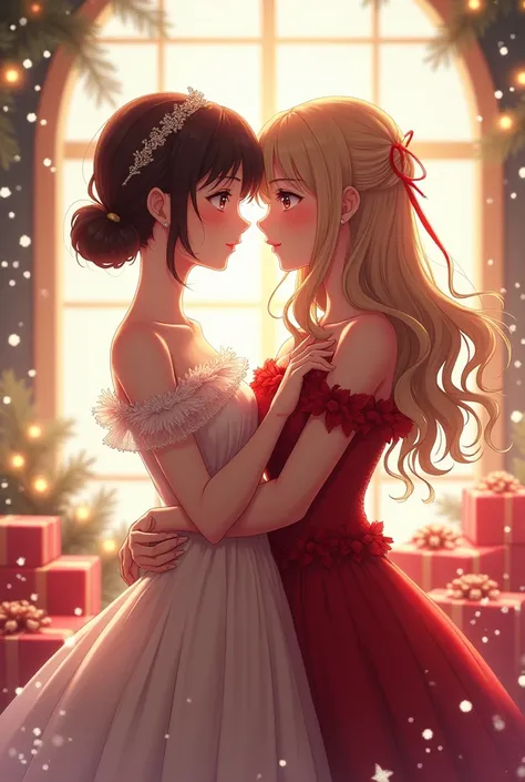 Two s dressed for Christmas with stars touch each others heads happily with presents all around and snows floating lesbian roman...