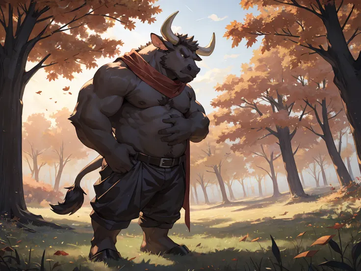 deep brown bovine, deep brown ox, deep brown bull, red scarf, ox horns, horns, solo, standing under a big tree, Autumn, wronged,...