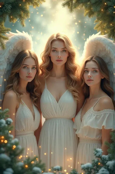 Two women and an angel woman with a Christmas background 