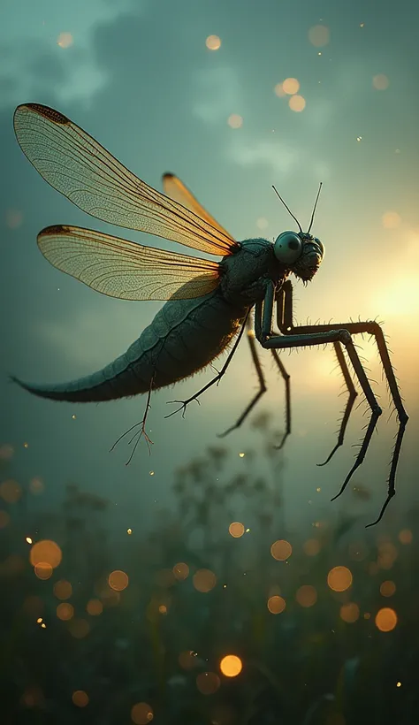 "A surreal artwork of a hybrid creature with the delicate, shimmering wings of a dragonfly but the segmented, spindly legs of a ...