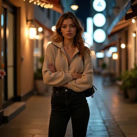 "A young slim fit woman tall height heavy boos and heavy pussy slim fit body ,standing confidently in an urban setting at night ...