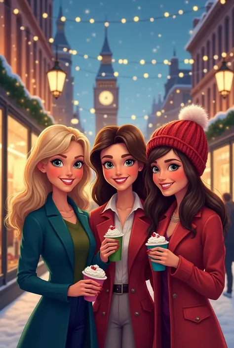 animated, 3 women aged 40 at Christmas in London .  A blonde a brunette a brunette with a hat 