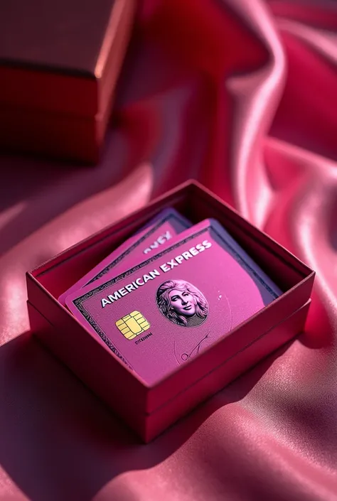  A luxurious gift box with several American Express metal Credit pink Cards. And in front By: Tentación Femenina. With purple le...