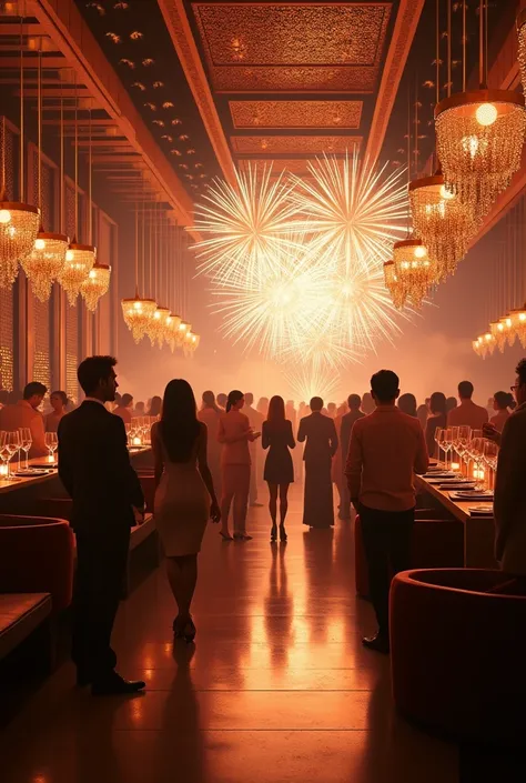 Soiree realiste dans une boite de nuit 
, chic, classe, feu artifice, couleur doree, lumiere de fete 