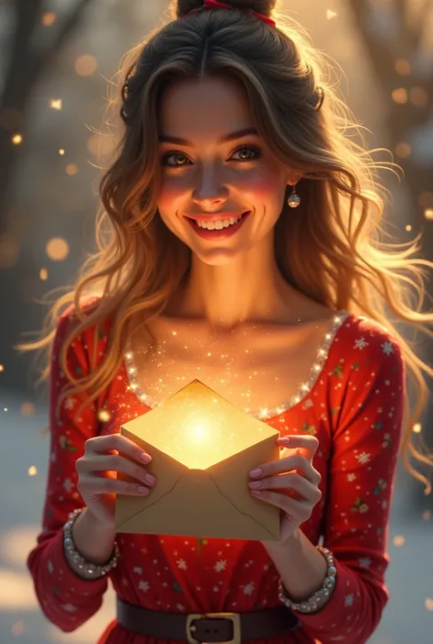 A woman wearing a Christmas dress, holding an envelope and smiling as a bright glow.
