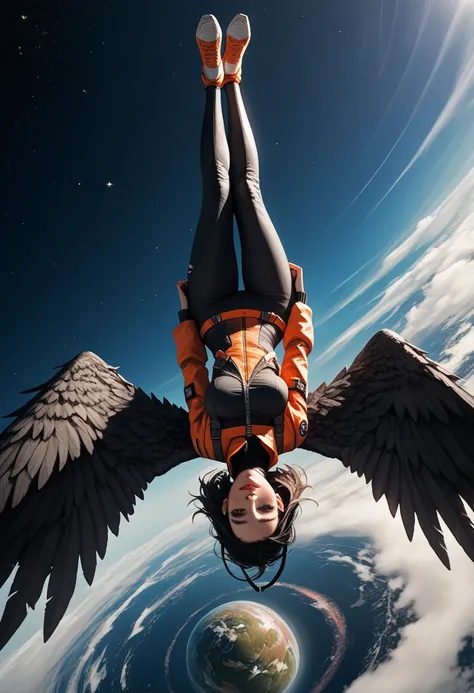 Score_9, score_8_up, score_7_up, 1woman, in free fall, viewed from above, ((back turned to viewer)), ((looking away from viewer)...