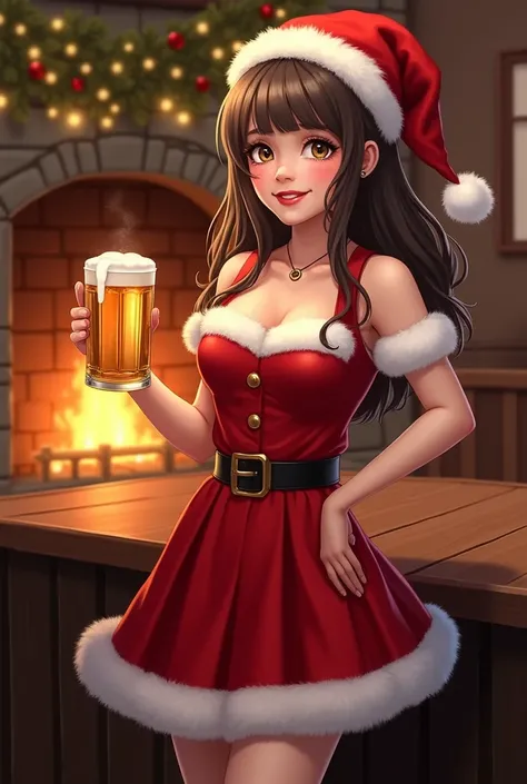 Represente Une serveuse tenant un verre de bière à la main en tenue  de mère Noël avec un feu dans la cheminée a côté 
