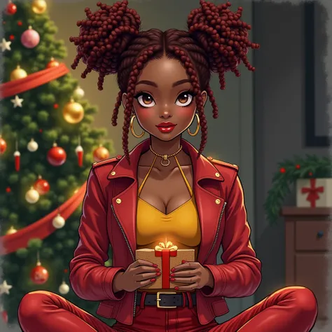 Medium close up protrait of black woman, wearing a red leather jacket over a yellow halter top and red jeans, crimson weave brai...