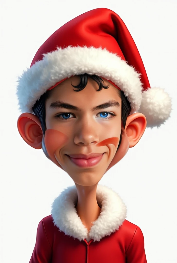 Create a caricature of this person in the photo and place the Santa Claus hat on your head.