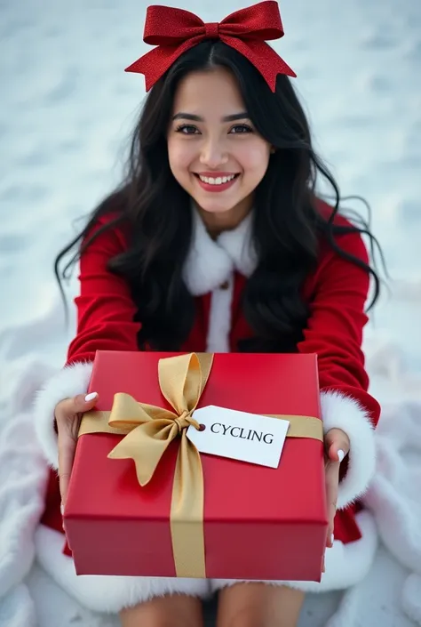 Christmas prompt

[Subject]: Young woman with long, black hair styled in soft waves, wearing a modern Santa-inspired outfit, sit...