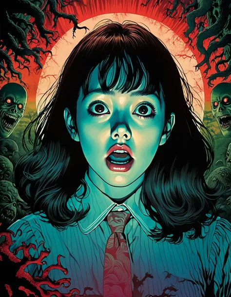  illustrations、art、70s horror movie poster , Supervised by Junji Ito、 high detail, Realistic shadows、 Analog Style ,  Color Diff...