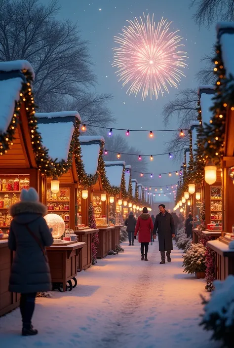  An outdoor Christmas market , with snow-covered tents ,  full of ornaments and shiny gifts .  People with scarves and hats walk...