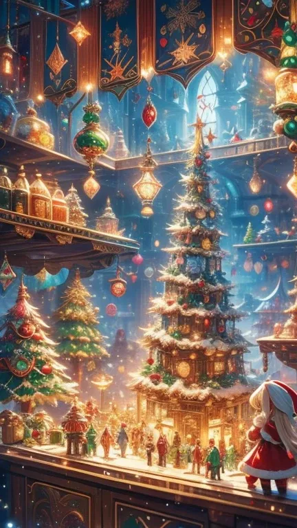 A vibrant and magical fantasy artwork featuring the female Elf Mage inside a whimsical toy factory. The female Elf Mage is clad ...
